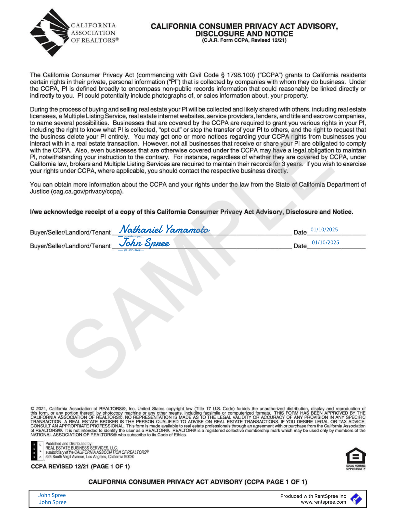 Sample Document: California Association of Realtors Sample Lease Agreement